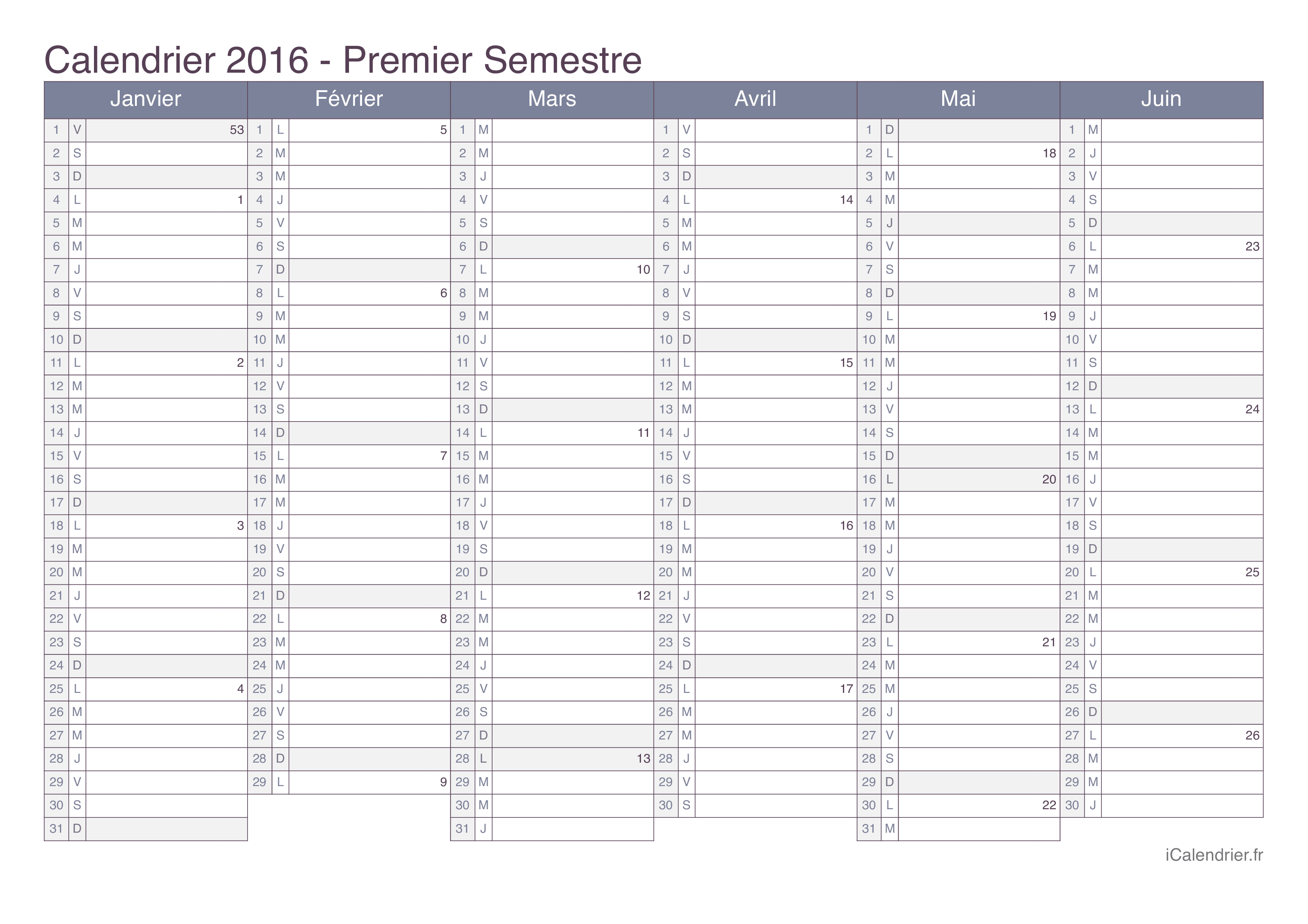 Calendrier par semestre avec numéros des semaines 2016 - Office