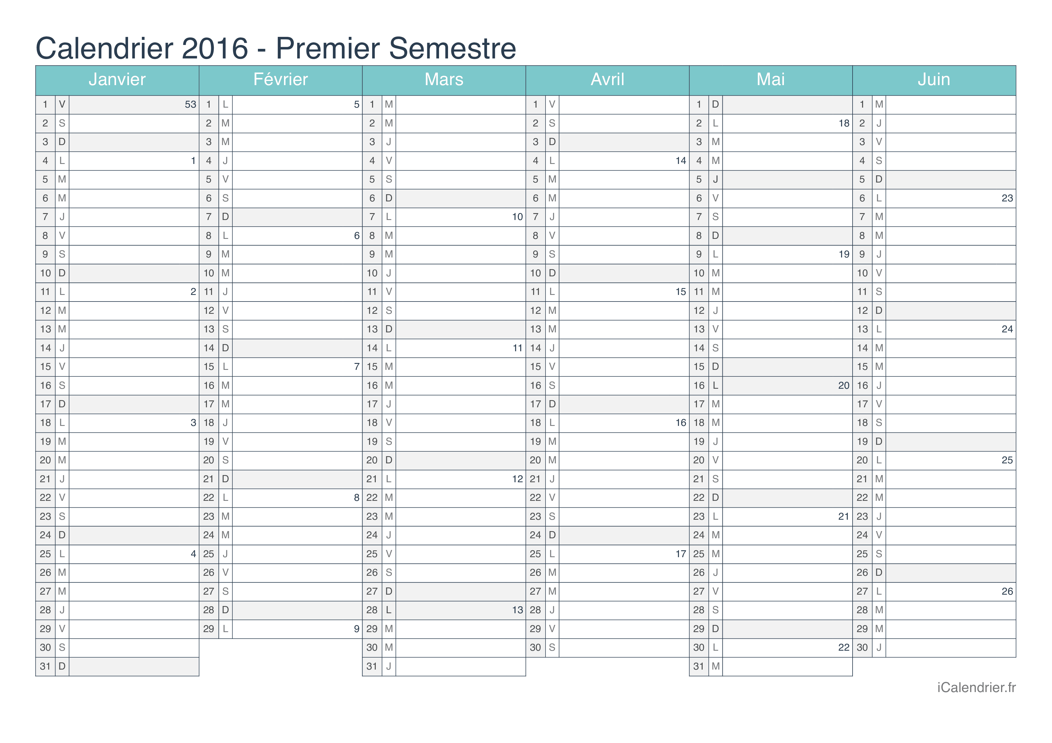 Calendrier par semestre avec numéros des semaines 2016 - Turquoise