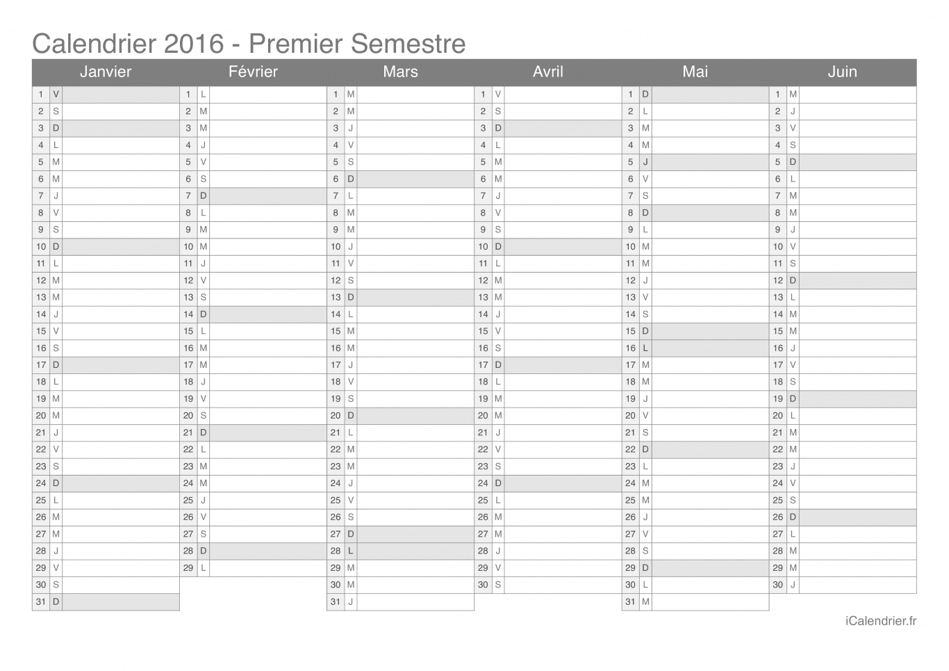 Calendrier par semestre 2016