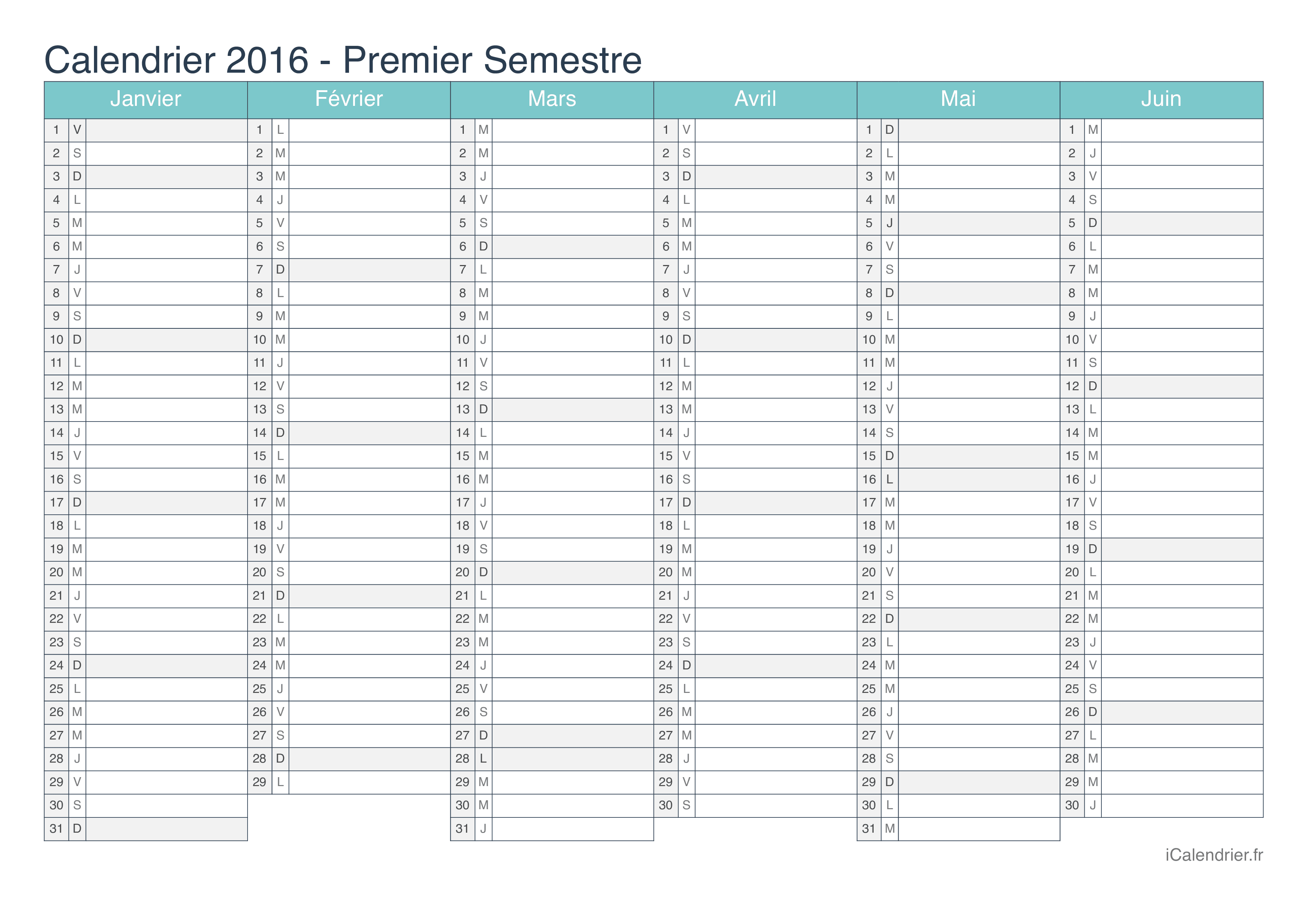 Calendrier par semestre 2016 - Turquoise