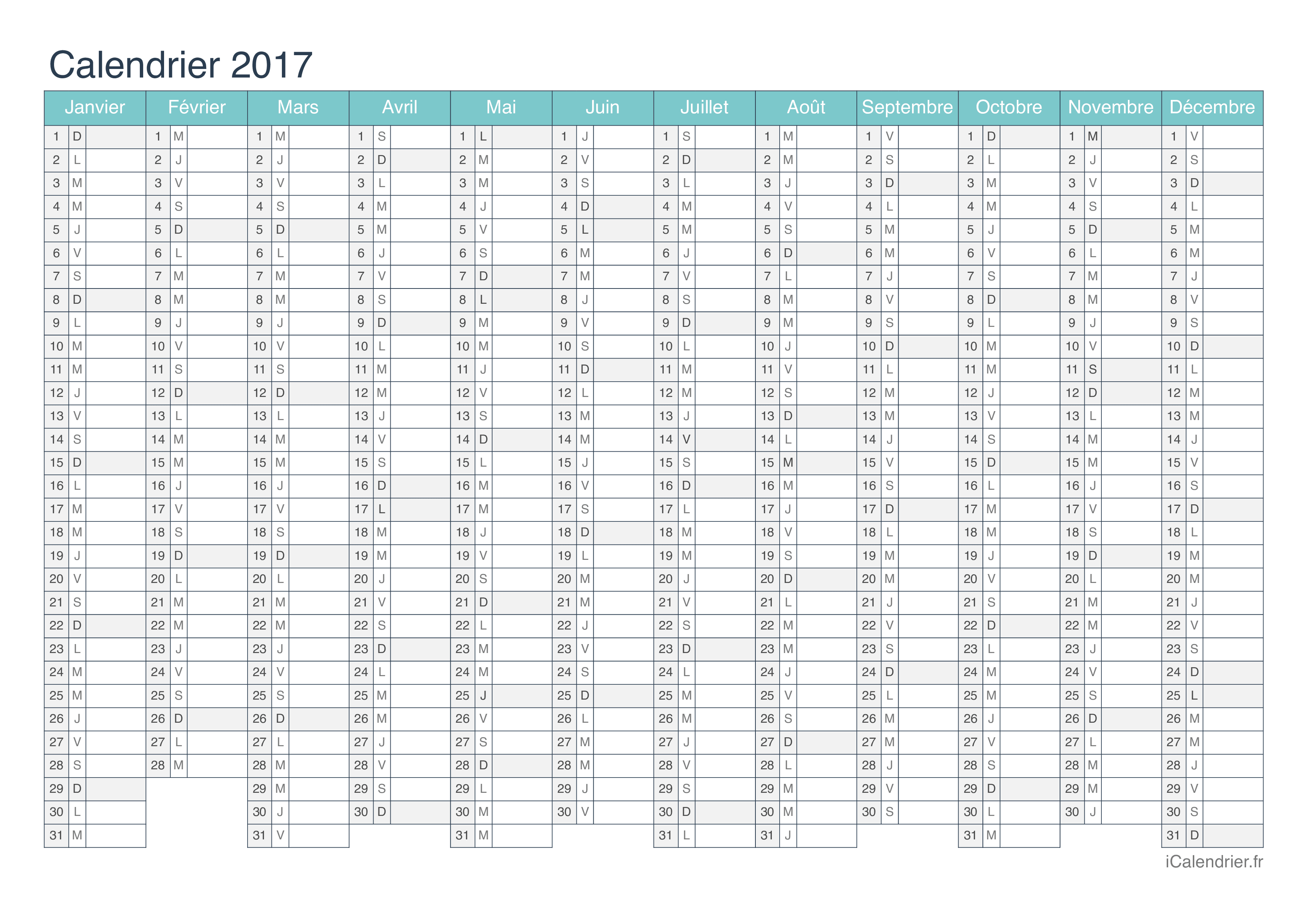 Calendrier 2017 - Turquoise