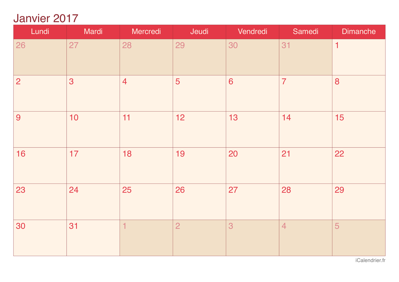 Calendrier par mois 2017 - Cherry