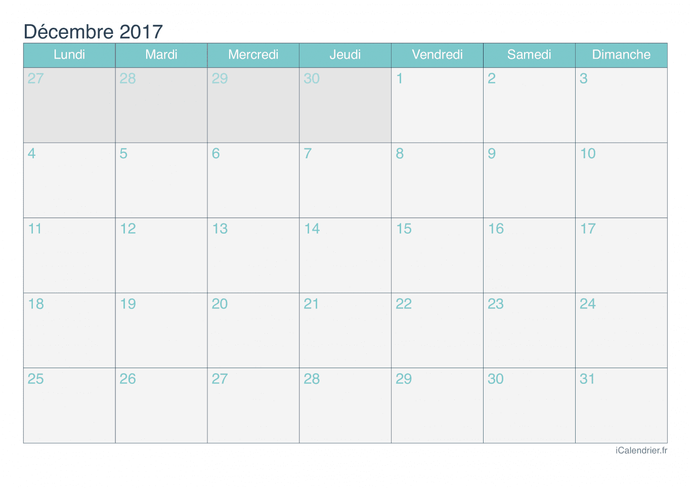 Calendrier de décembre 2017 - Turquoise
