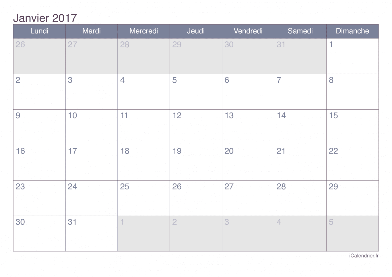 Calendrier de janvier 2017 - Office