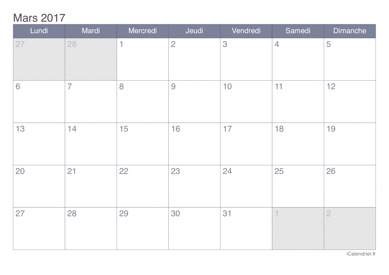 Calendrier de mars 2017 - Office