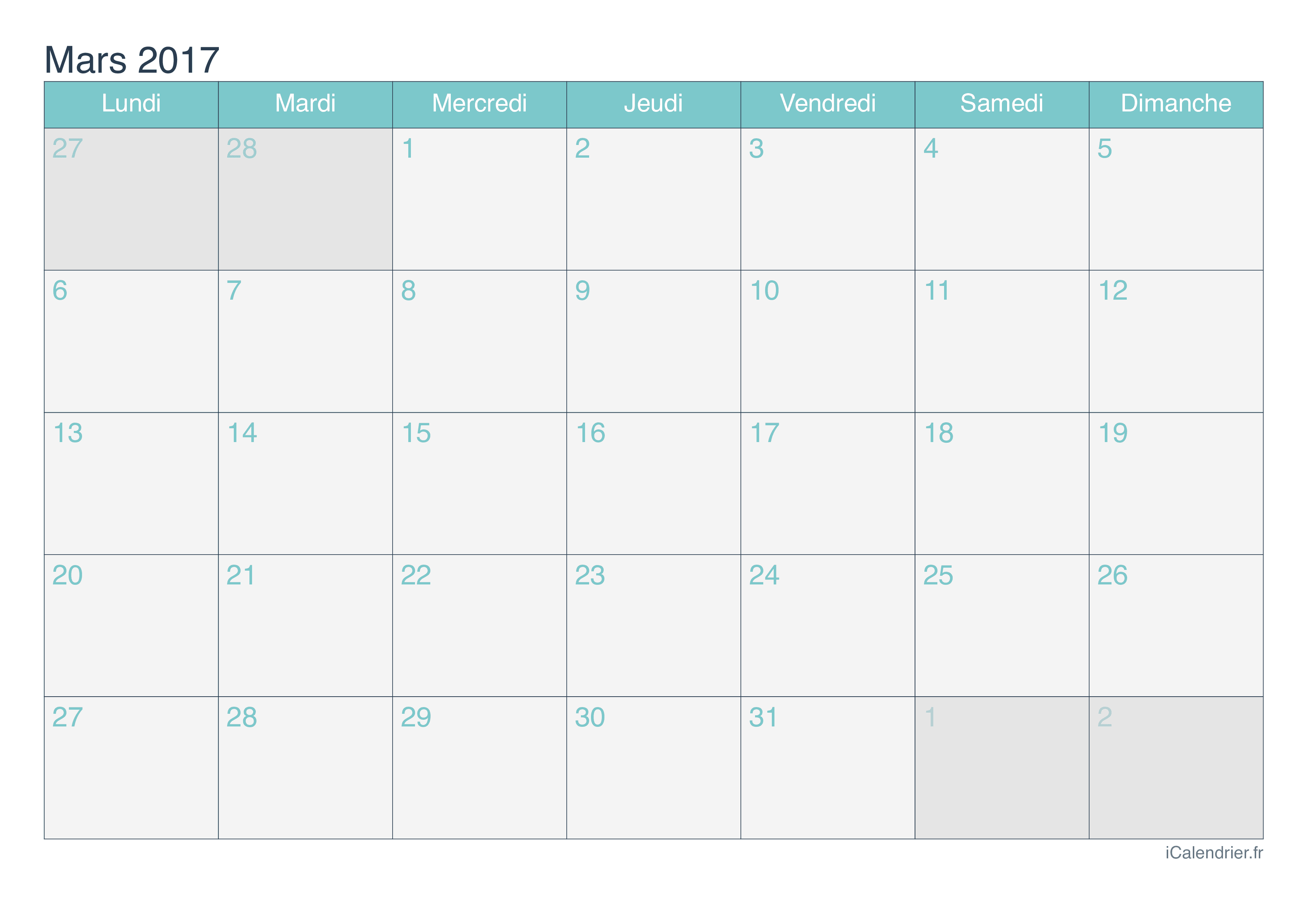 Calendrier de mars 2017 - Turquoise