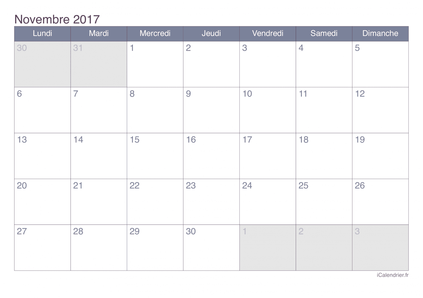 Calendrier de novembre 2017 - Office