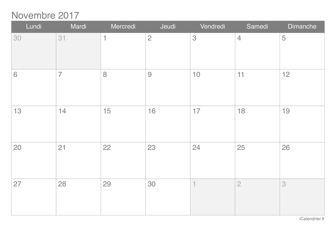 Calendrier de novembre 2017