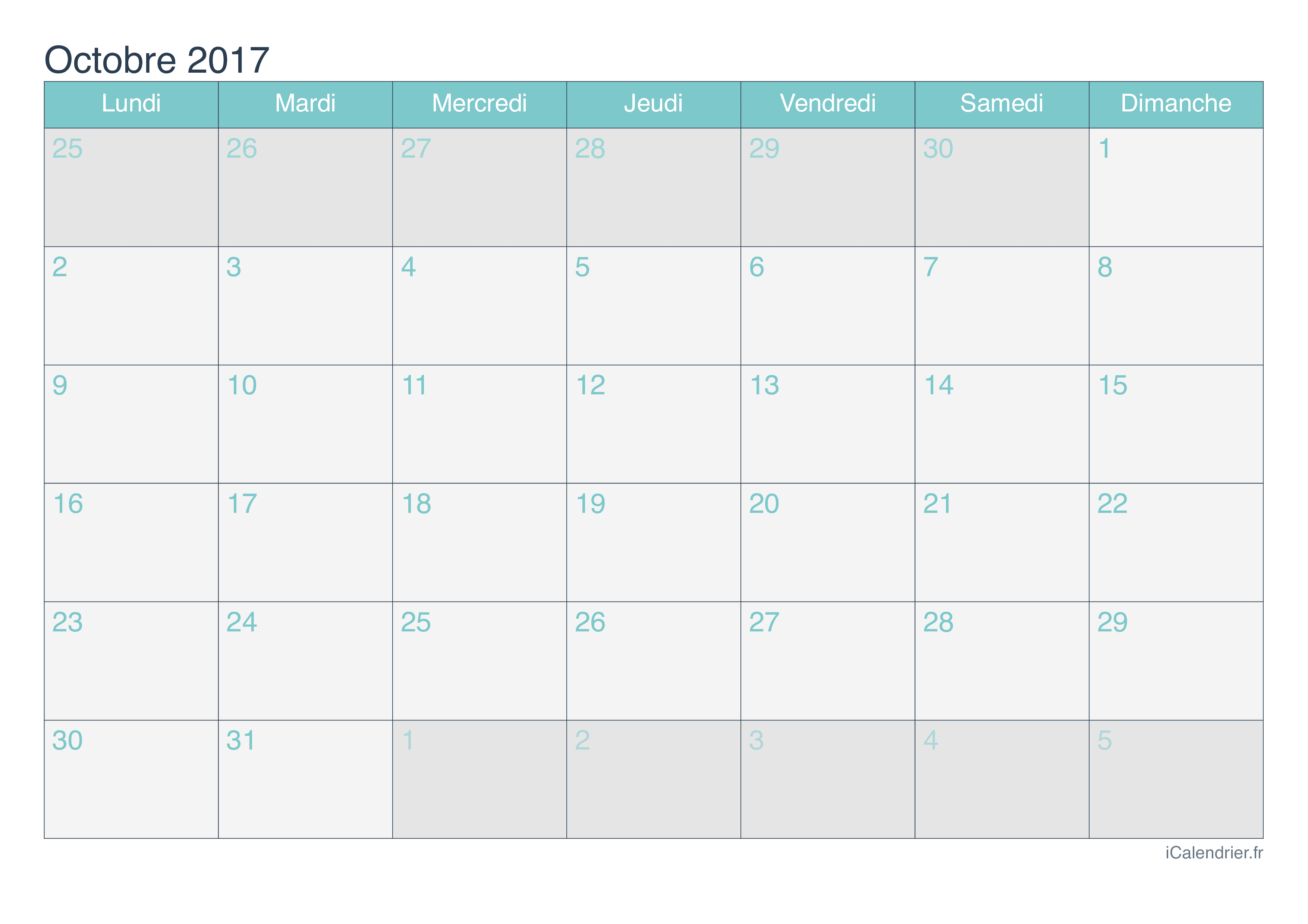 Calendrier d'octobre 2017 - Turquoise
