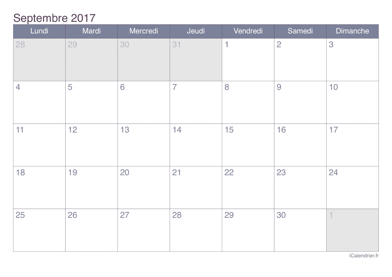 Calendrier de septembre 2017 - Office