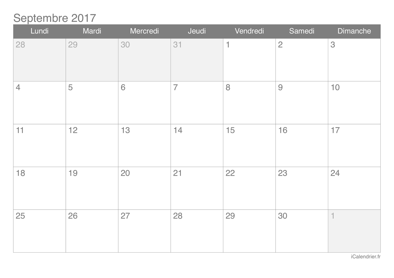 Calendrier de septembre 2017