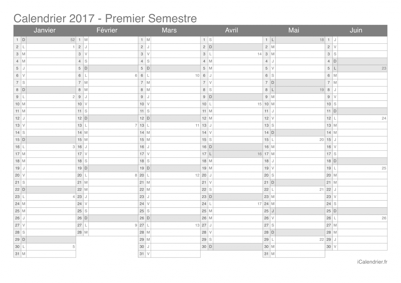 Calendrier par semestre avec numéros des semaines 2017
