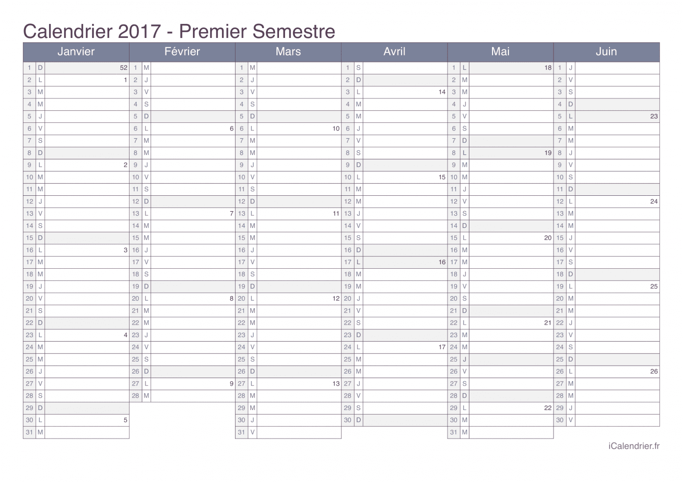 Calendrier par semestre avec numéros des semaines 2017 - Office