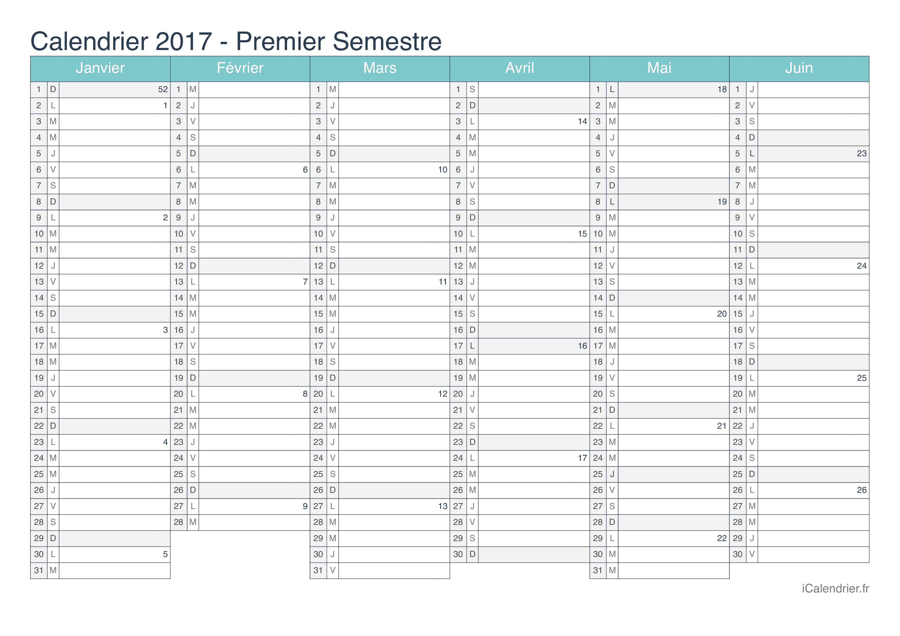 Calendrier par semestre avec numéros des semaines 2017 - Turquoise