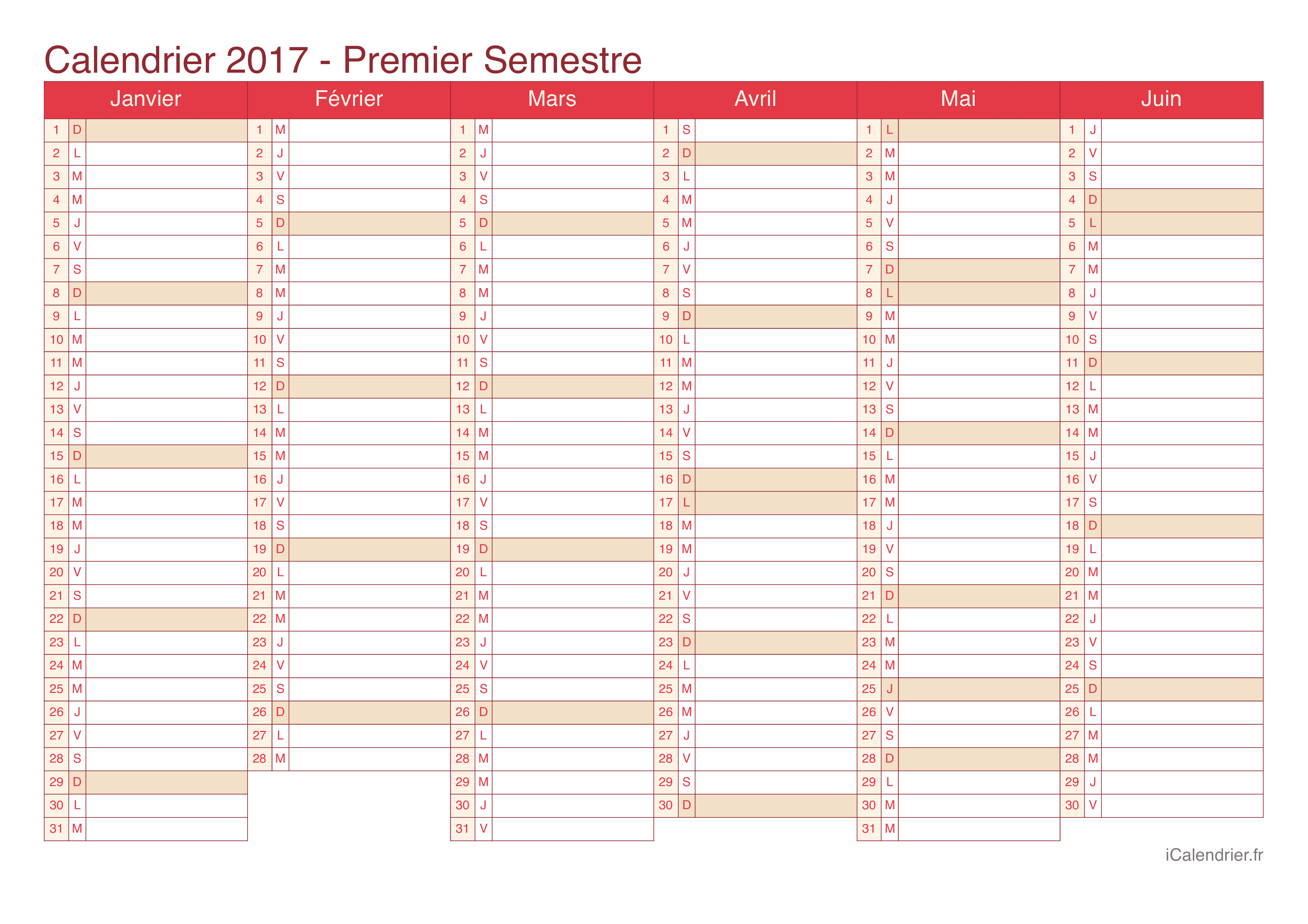 Calendrier par semestre 2017 - Cherry
