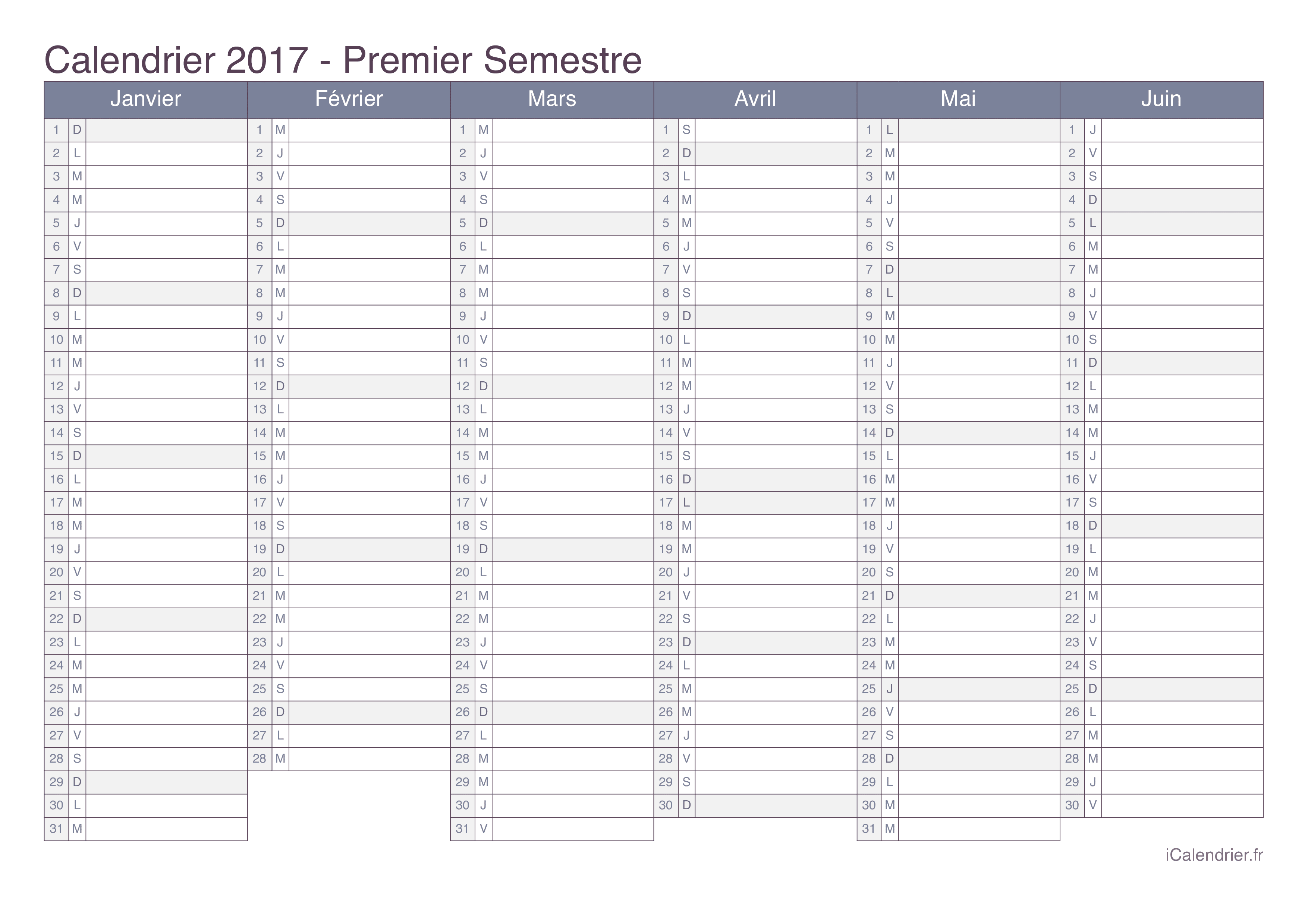 Calendrier par semestre 2017 - Office