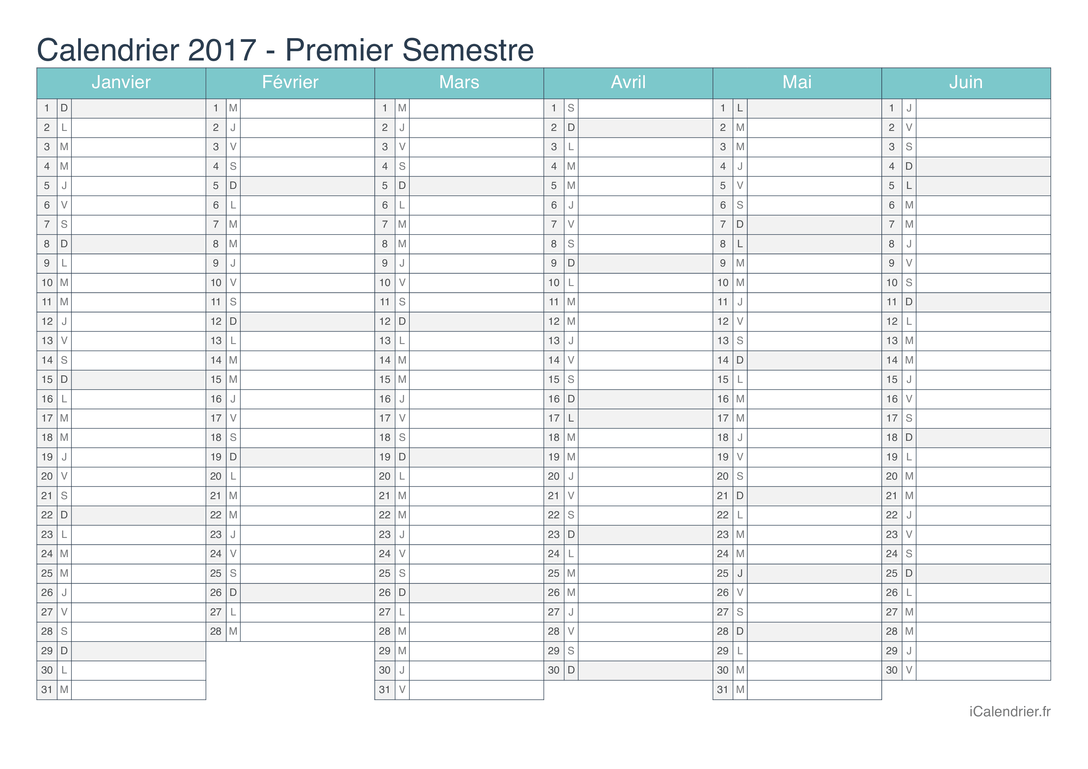 Calendrier par semestre 2017 - Turquoise