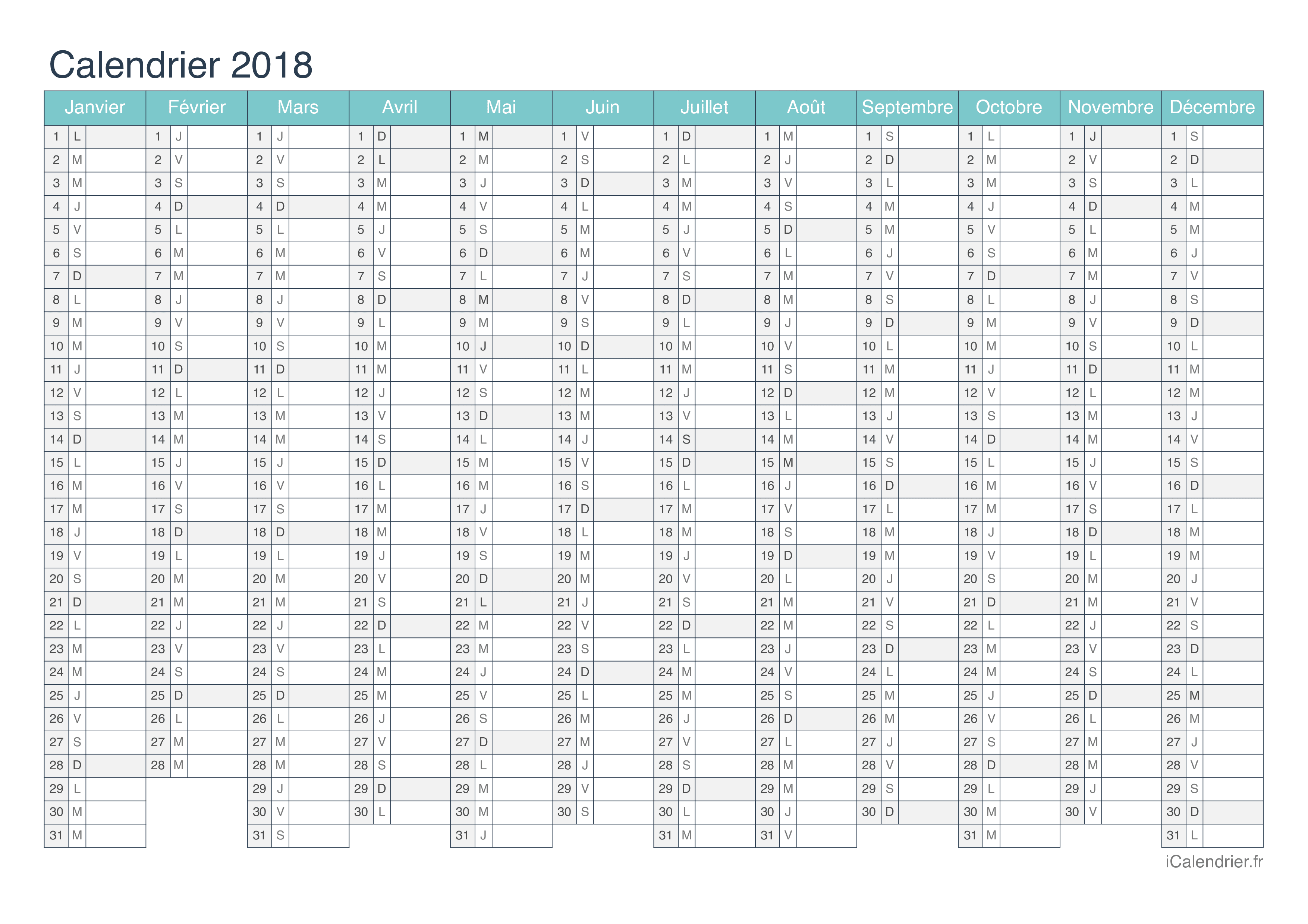 Calendrier 2018 - Turquoise