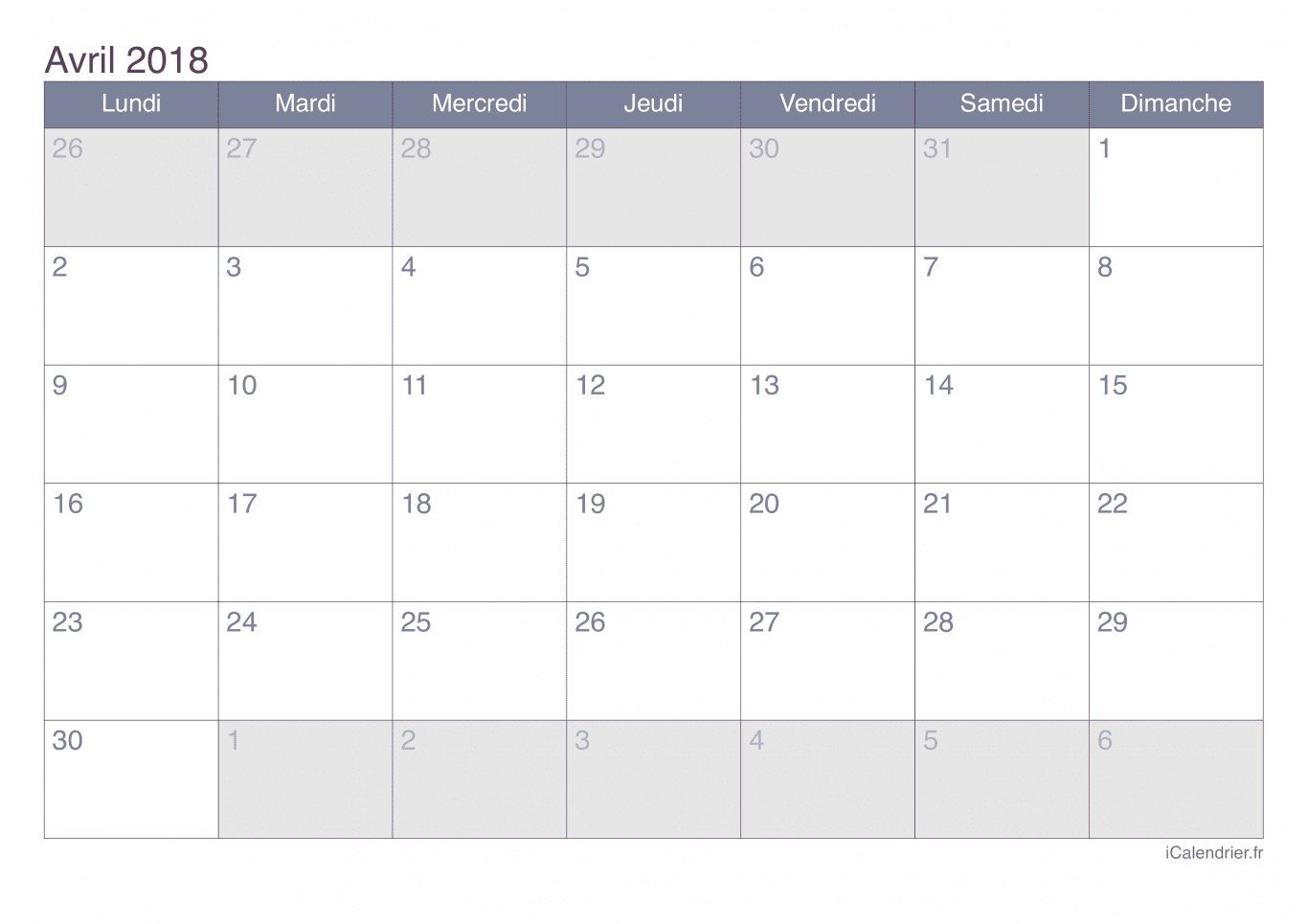 Calendrier d'avril 2018 - Office