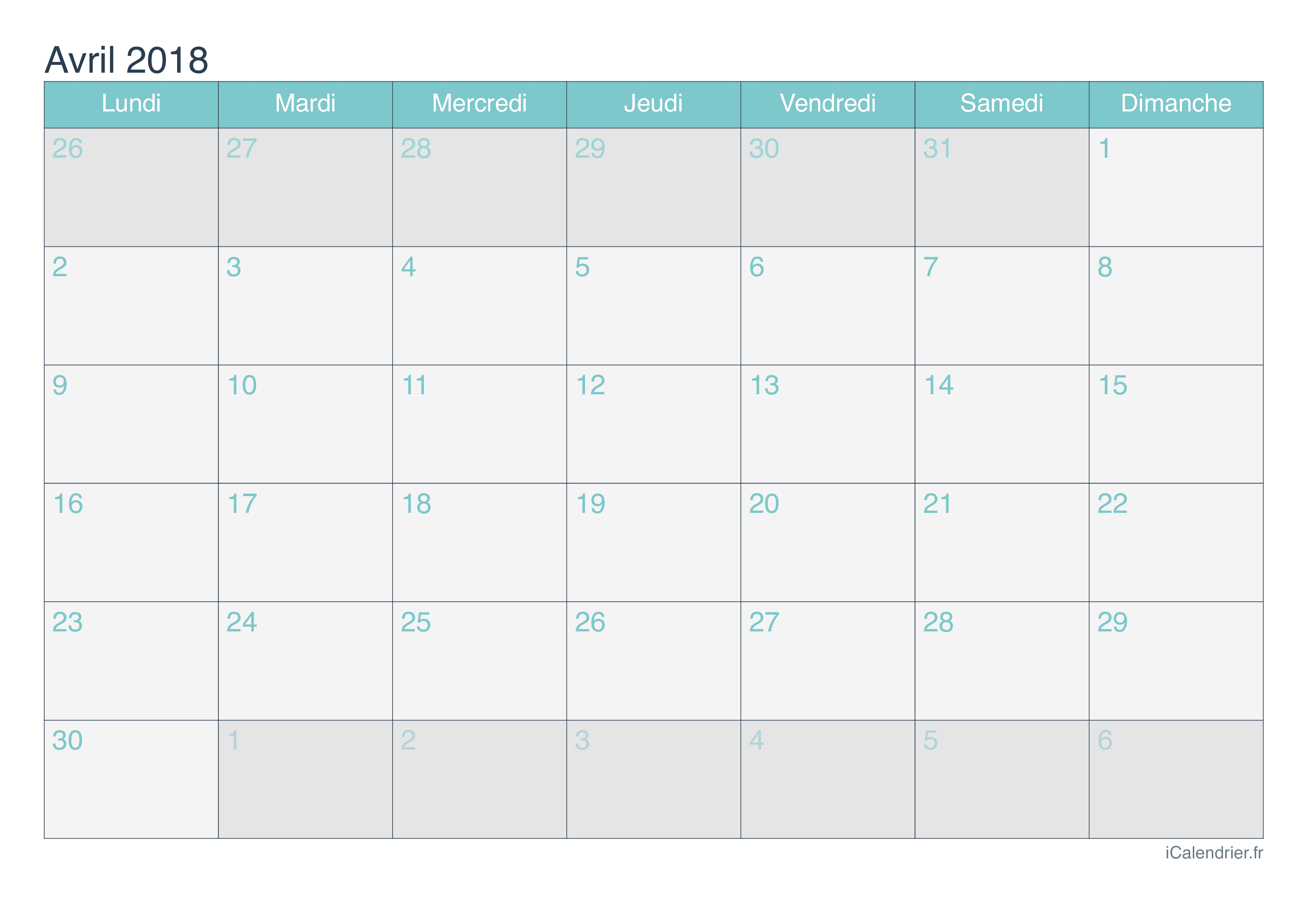 Calendrier d'avril 2018 - Turquoise
