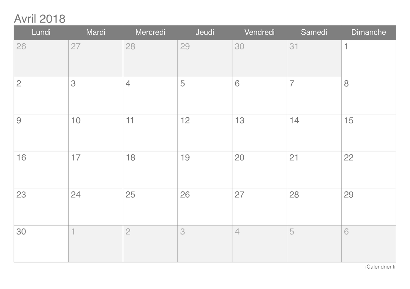 Calendrier d'avril 2018