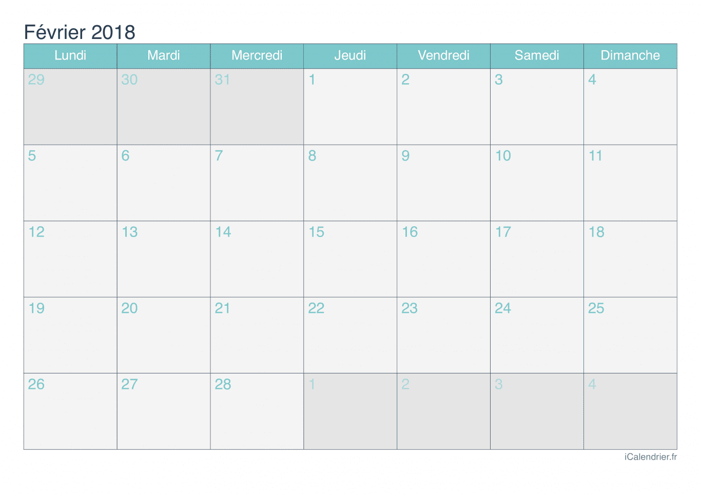 Calendrier de février 2018 - Turquoise