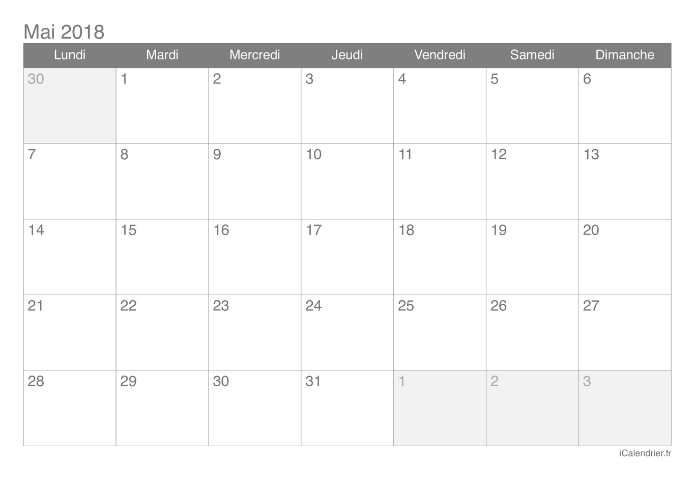 Calendrier de mai 2018