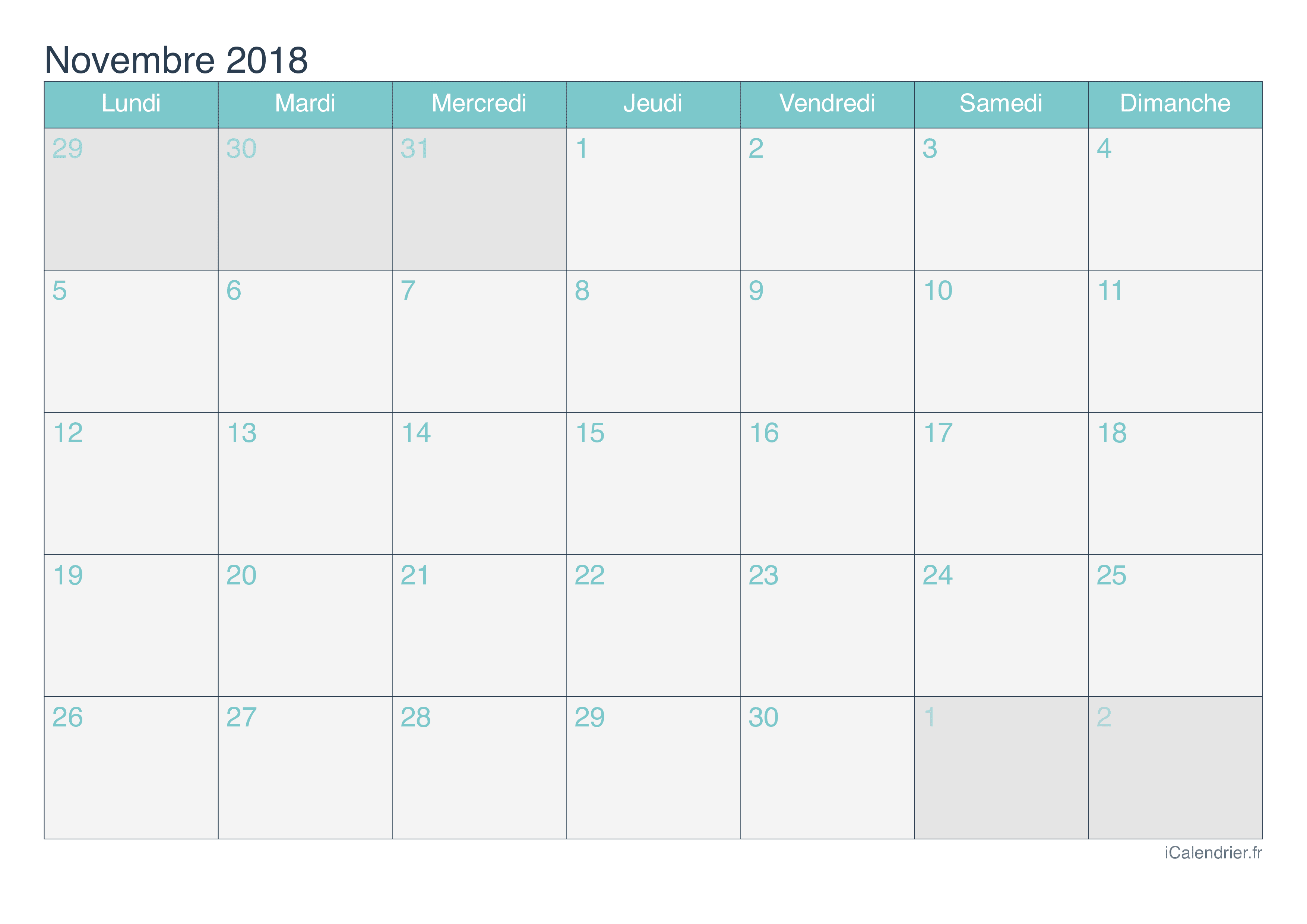 Calendrier de novembre 2018 - Turquoise
