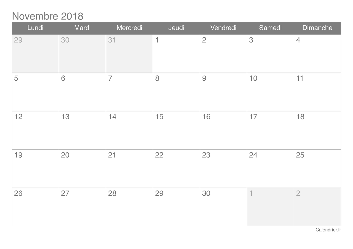 Calendrier de novembre 2018