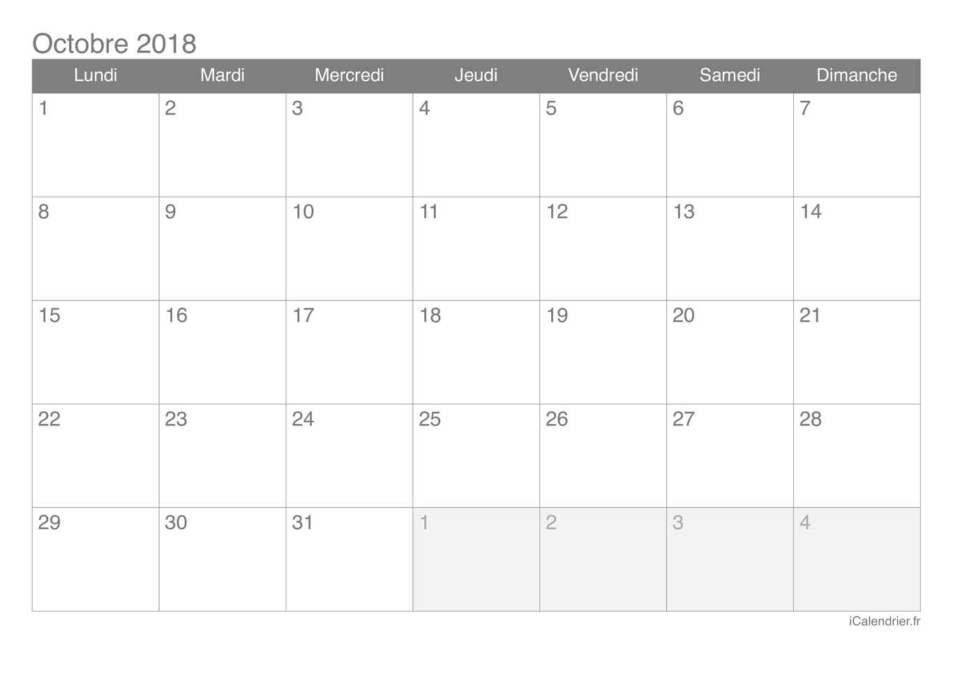 Calendrier d'octobre 2018