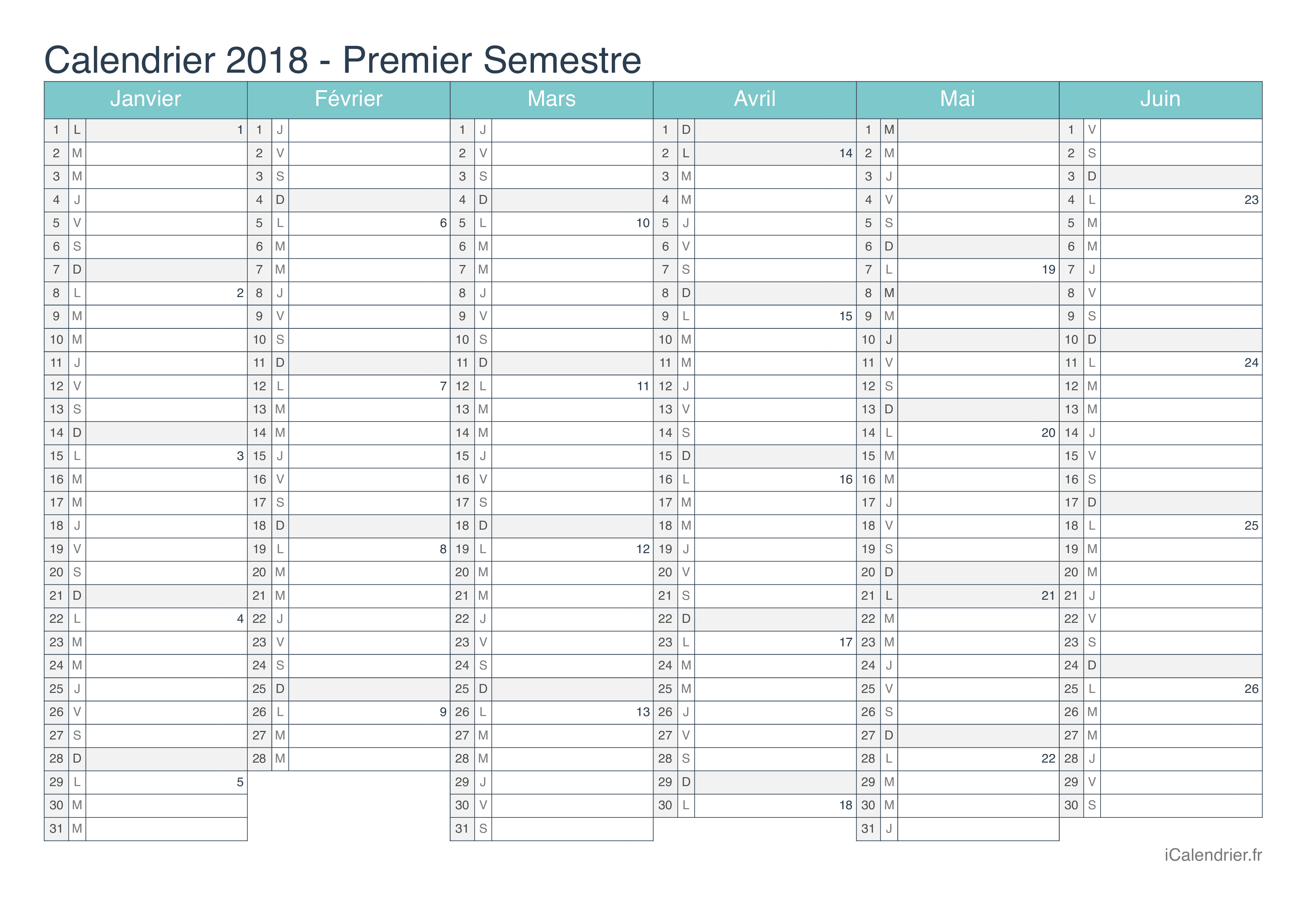 Calendrier par semestre avec numéros des semaines 2018 - Turquoise