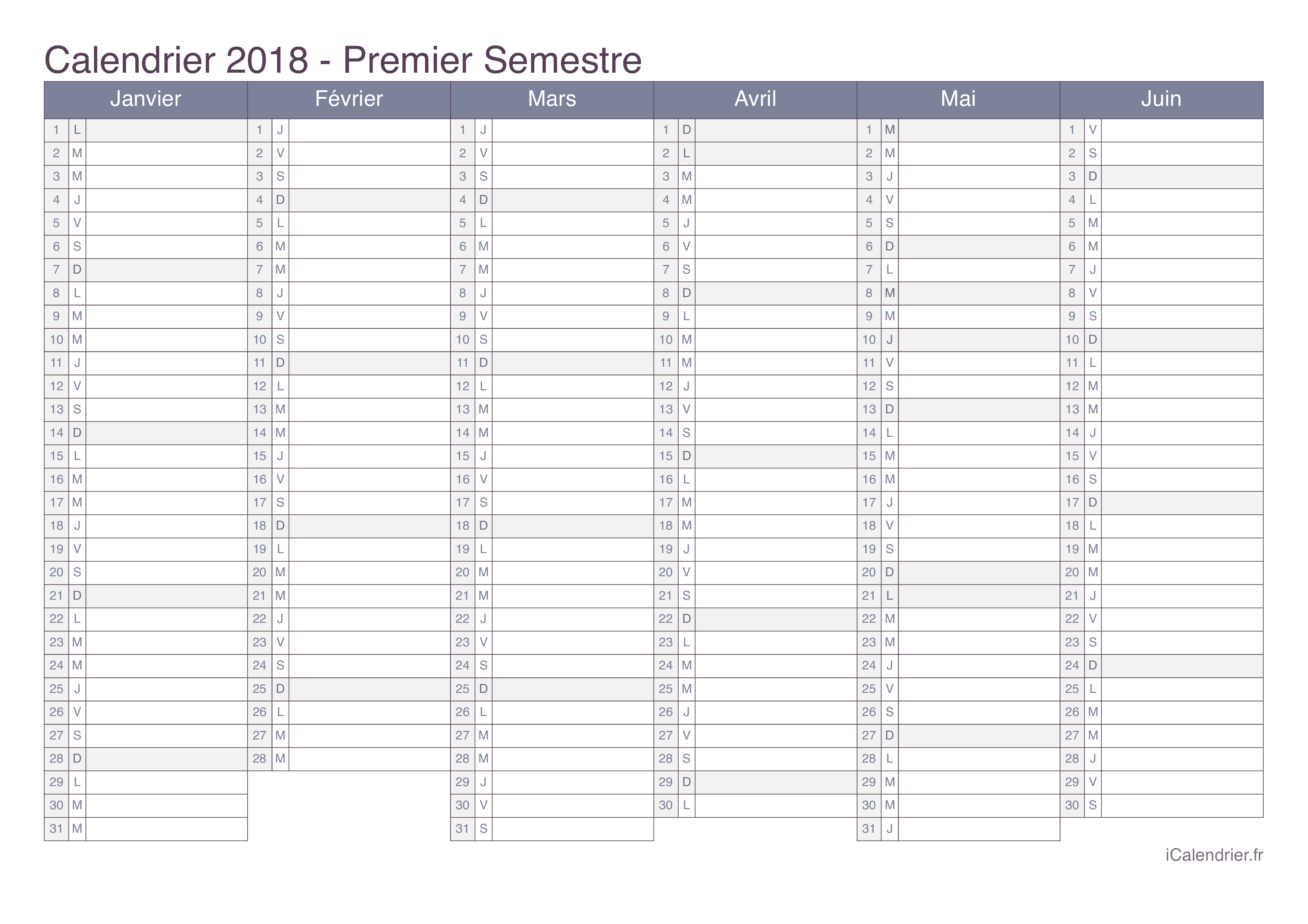Calendrier par semestre 2018 - Office
