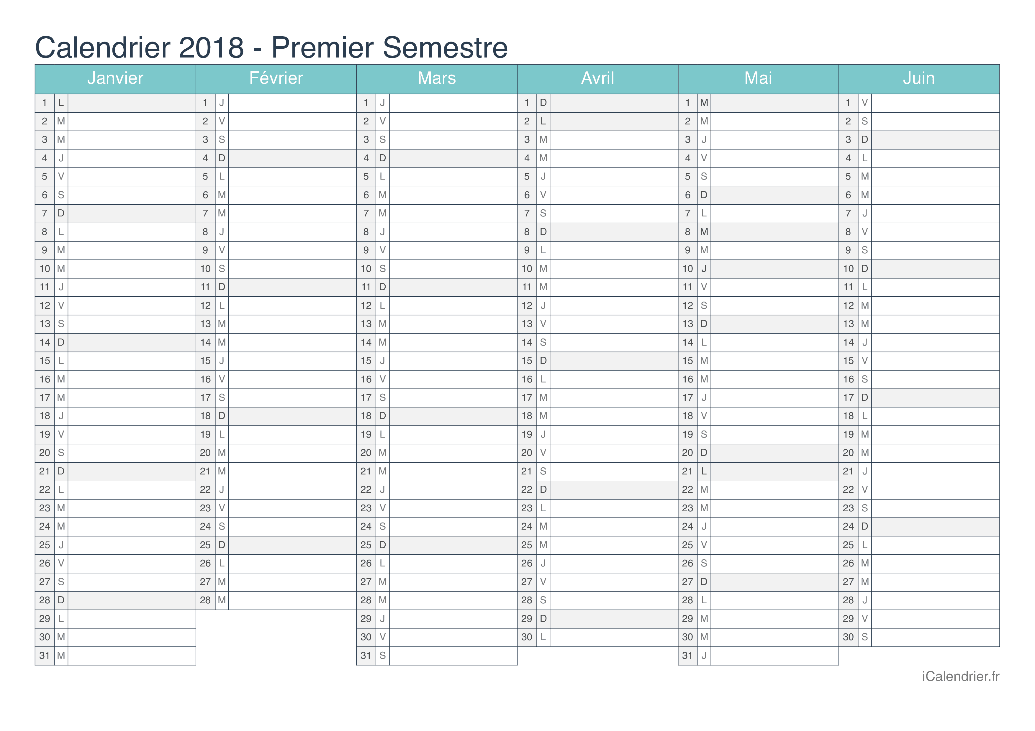 Calendrier par semestre 2018 - Turquoise