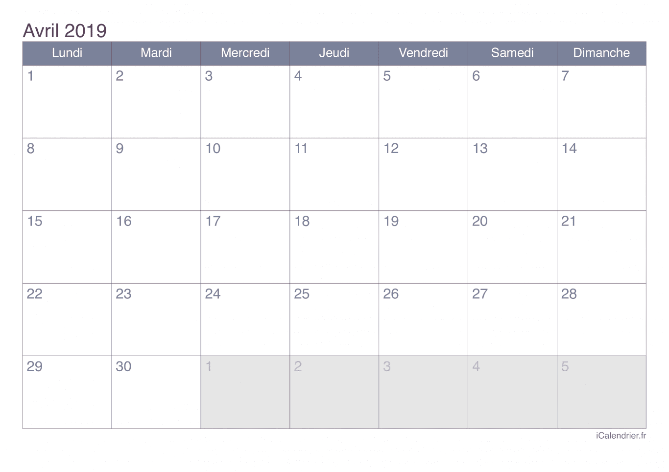 Calendrier d'avril 2019 - Office