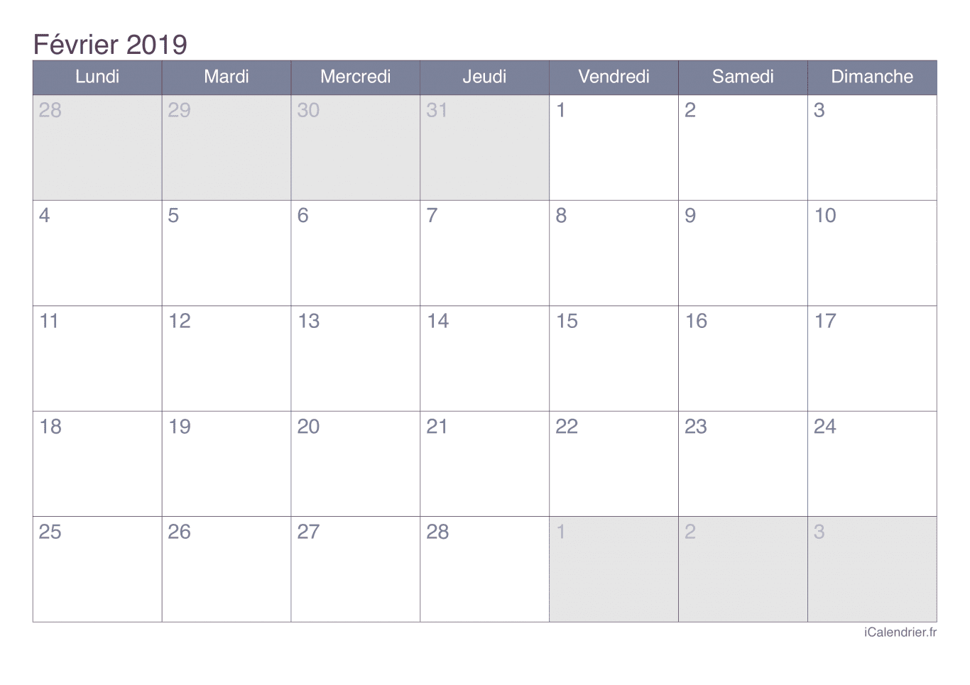 Calendrier de février 2019 - Office