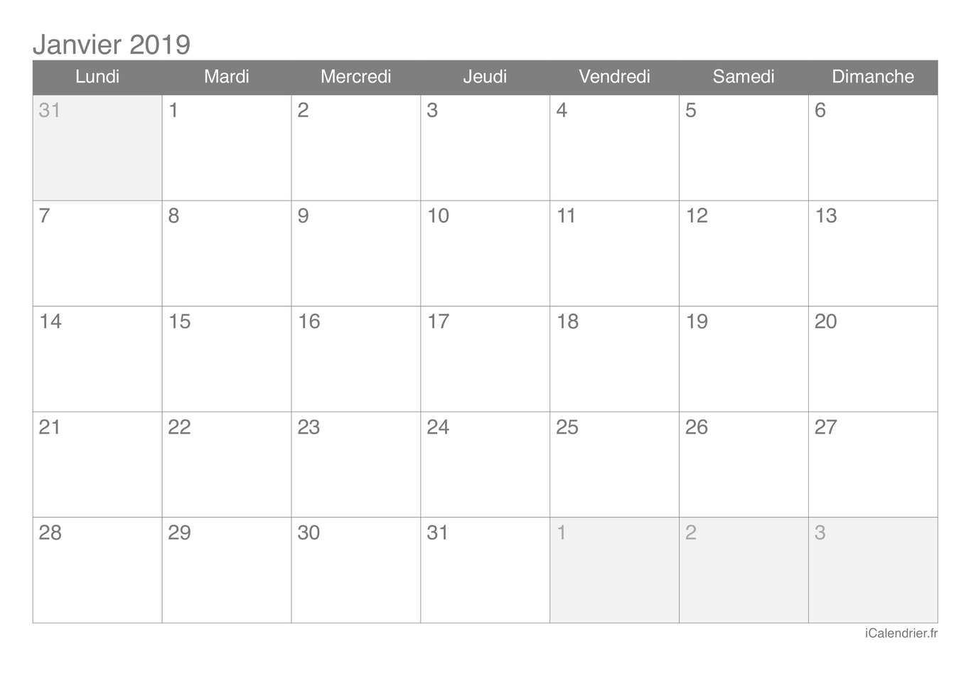 Calendrier de janvier 2019
