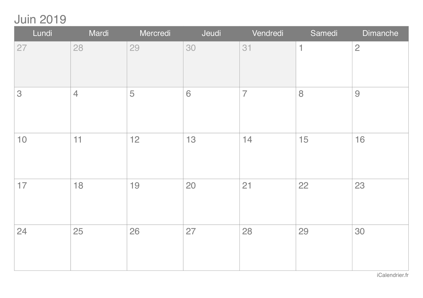 Calendrier de juin 2019