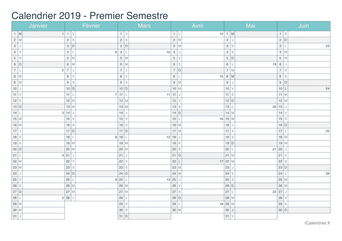 Calendrier par semestre avec numéros des semaines 2019 - Turquoise