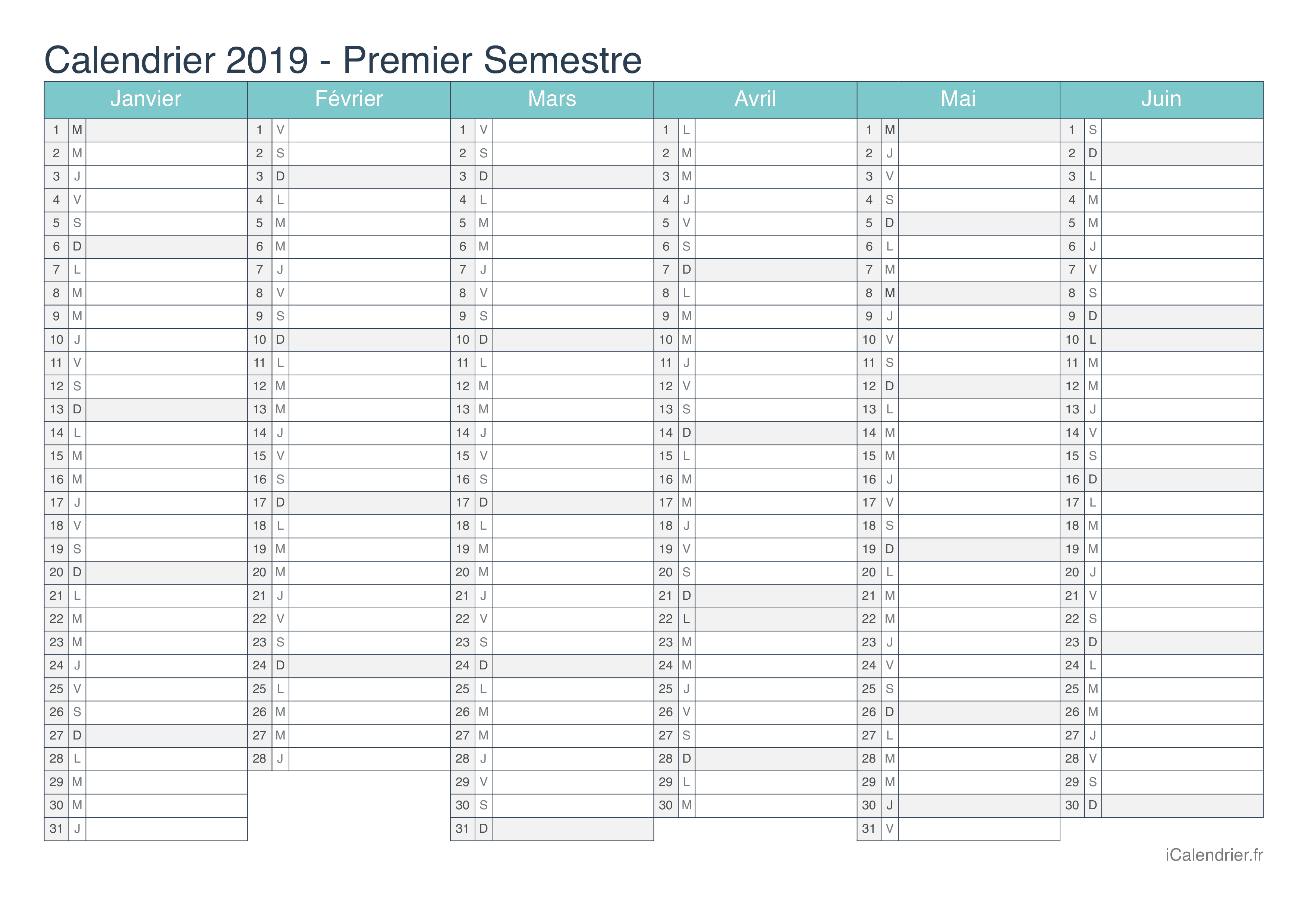 Calendrier par semestre 2019 - Turquoise