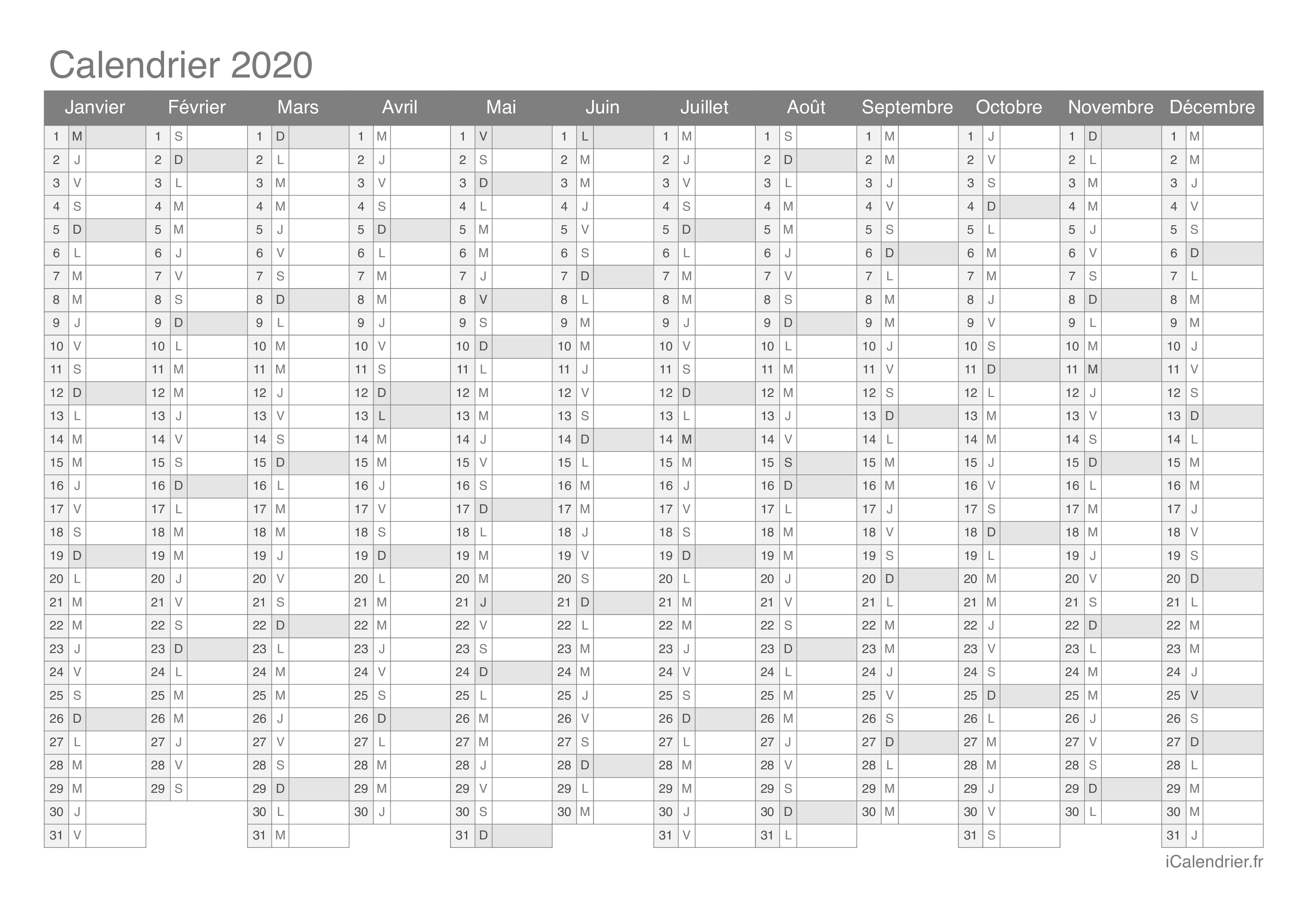 Calendrier 2020 à imprimer PDF et Excel