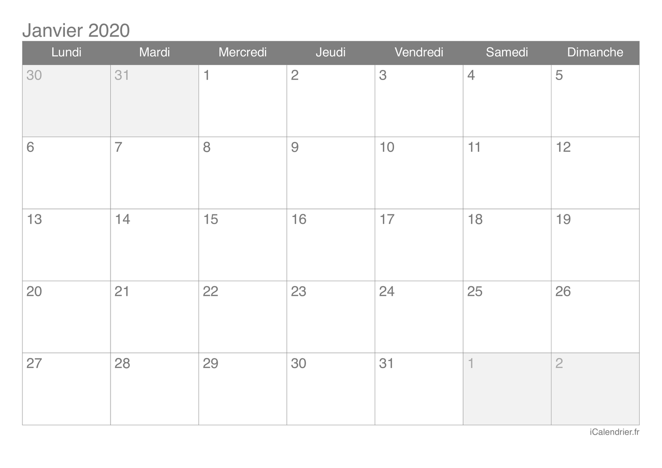 Calendrier par mois 2020