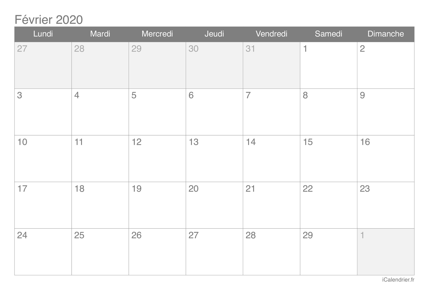Calendrier de février 2020