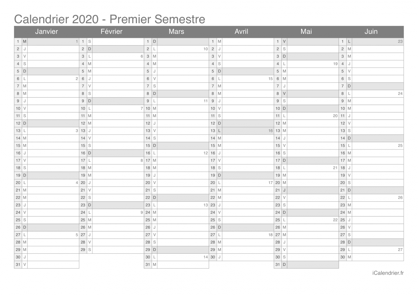 Calendrier par semestre avec numéros des semaines 2020