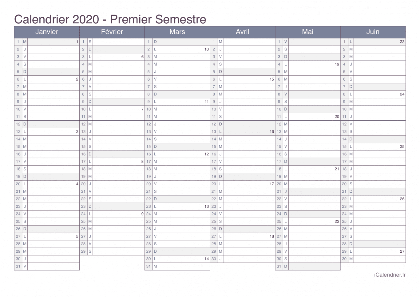 Calendrier par semestre avec numéros des semaines 2020 - Office