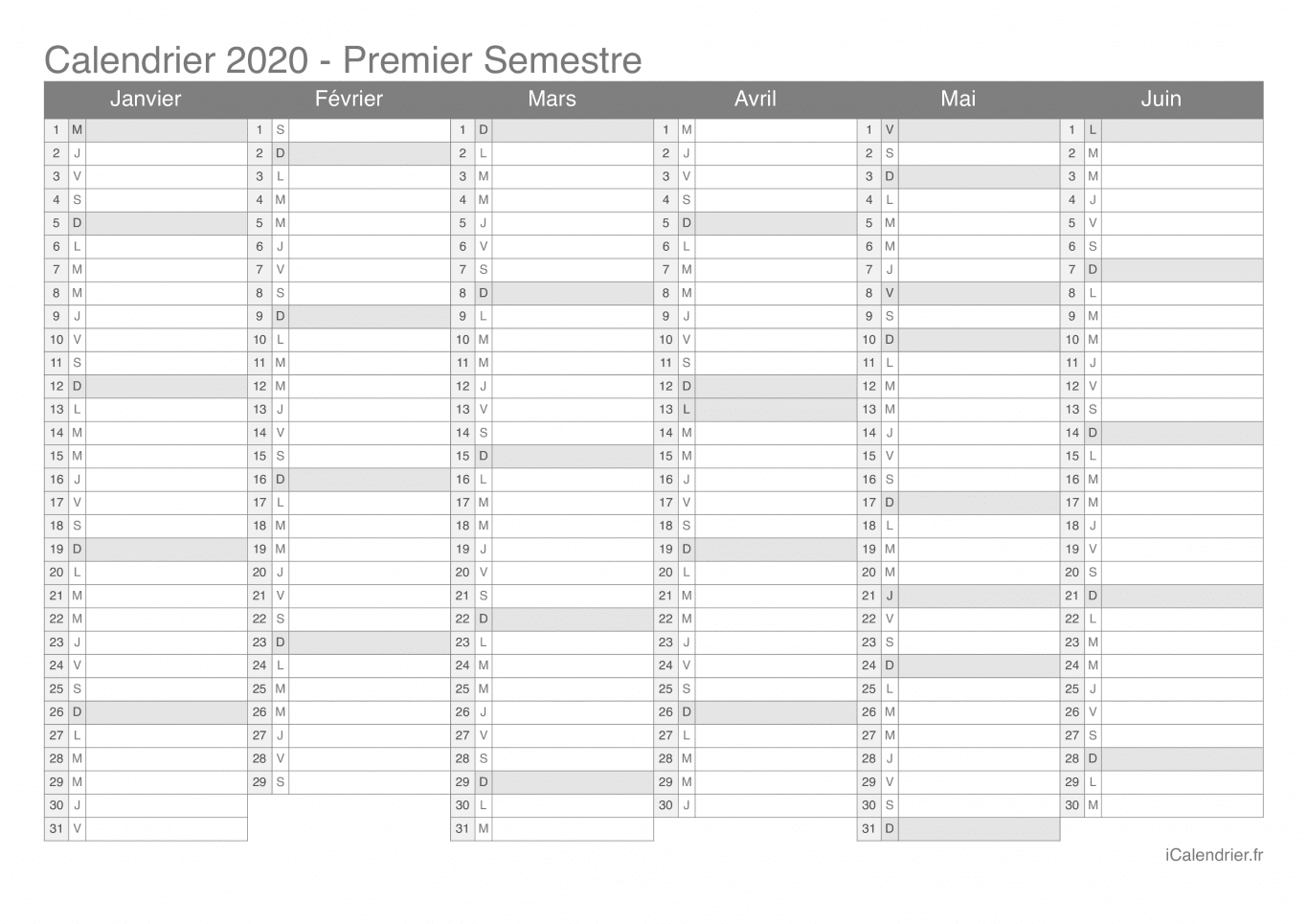 Calendrier par semestre 2020