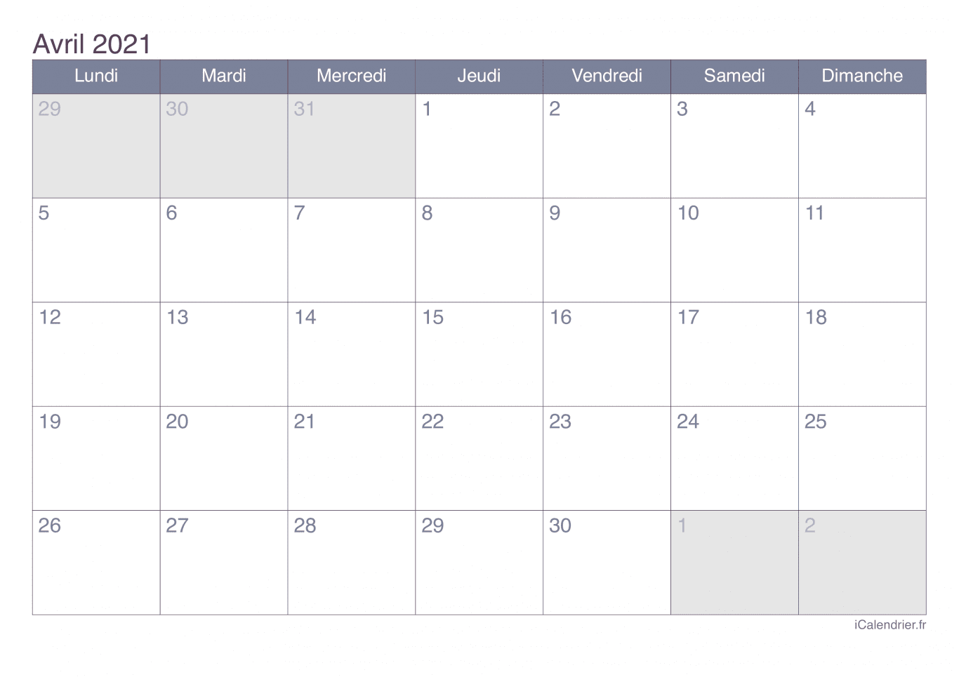 Calendrier d'avril 2021 - Office