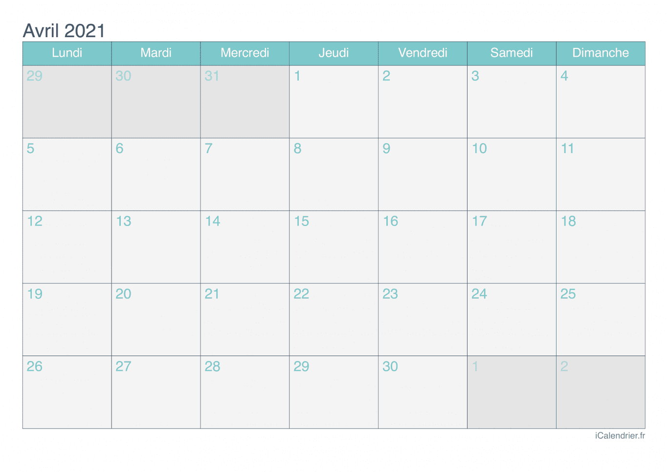 Calendrier d'avril 2021 - Turquoise