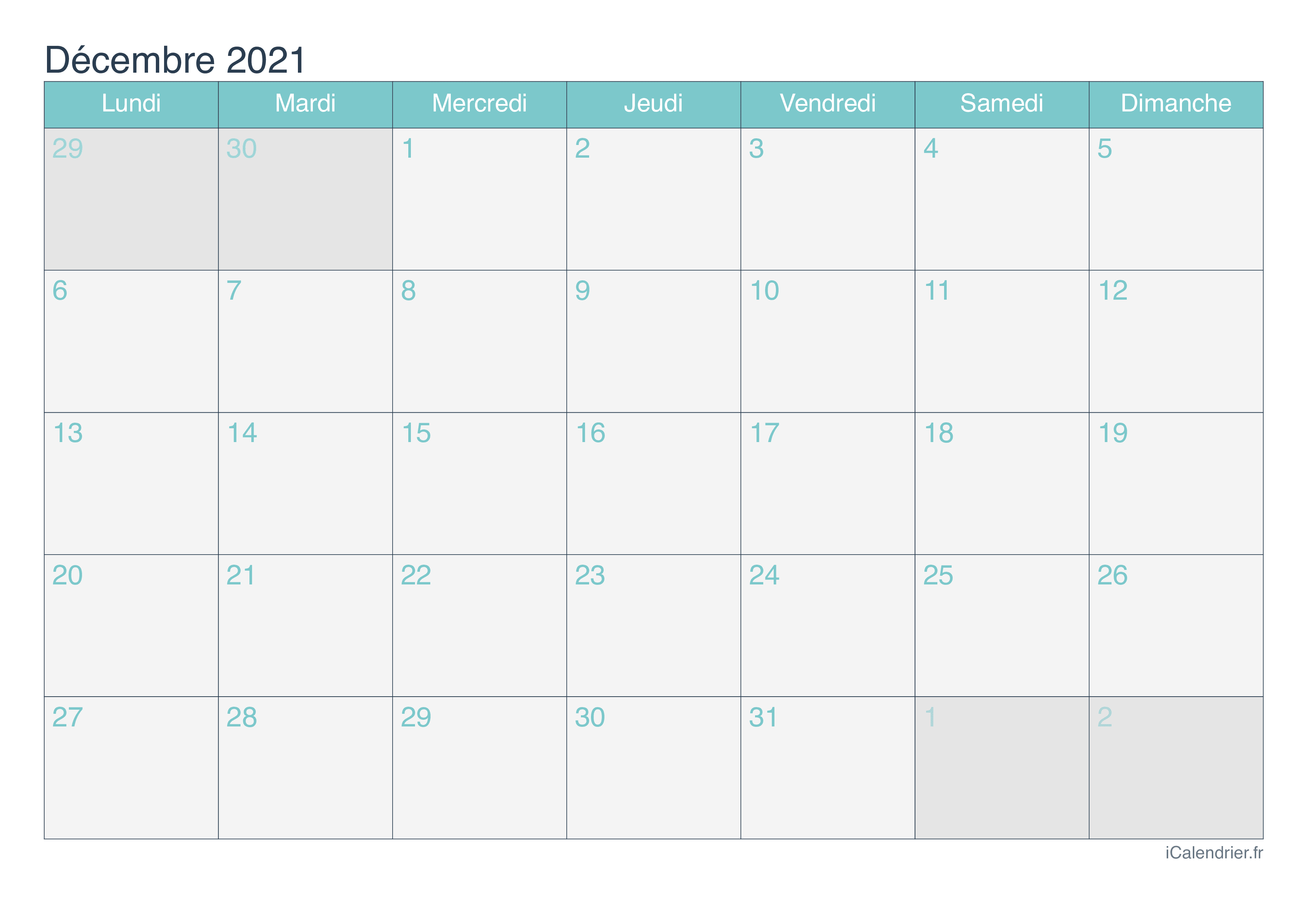 Calendrier de décembre 2021 - Turquoise