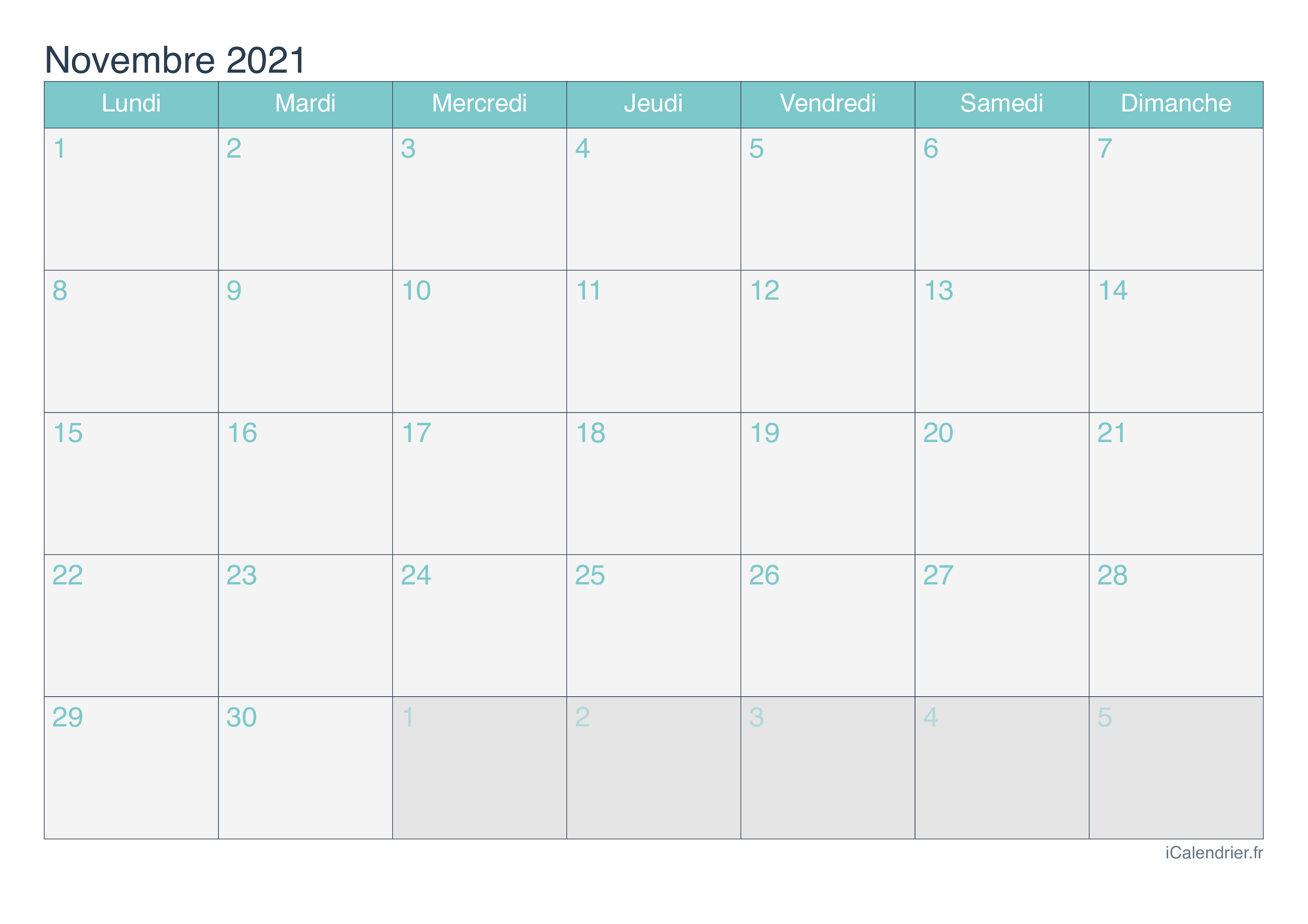Calendrier de novembre 2021 - Turquoise