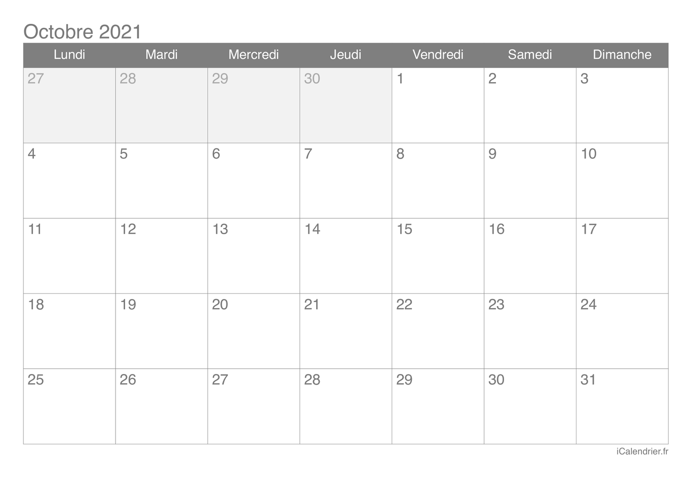 Calendrier d'octobre 2021
